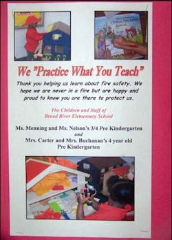 Children reassure they are learning in this poster. In the bottom photo, children are using dolls and action figures to reenact what they learned during the week long fire prevention program.