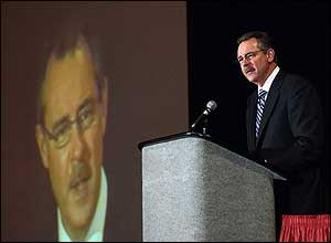 FEMA Administrator R. David Paulison addresses the National Hurricane Conference in Orlando, Fla. on April 2 to announce that he was not resigning contrary to news reports.