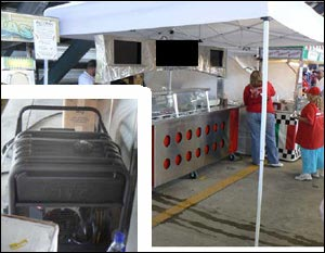 This vendor was found operating a gasoline generator under a spectator seating area and was shutdown while the generator removed. The generator caused a fire hazard in addition to the carbon monoxide poisoning dangers.