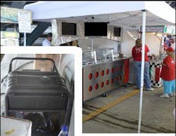 This vendor was found operating a gasoline generator under a spectator seating area and was shutdown while the generator removed. The generator caused a fire hazard in addition to the carbon monoxide poisoning dangers.