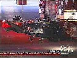 As firefighters were leaving the scene, a pickup truck ran into them, taking off its front bumper. As firefighters were leaving the scene, a pickup truck ran into them, taking off its front bumper.