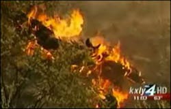 Flames died down as soon as firefighters established a fireline. Flames died down as soon as firefighters established a fireline.