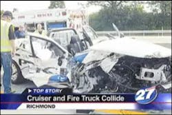 The officer was responding to a crash when he crashed into a fire truck. The officer was responding to a crash when he crashed into a fire truck.