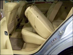 In the 'fold down' position, occupants can enter or exit the third row seat area. The seatback that moves is also where the seat airbag is located. Responders may find the seatback in this position and not realize that there is an undeployed airbag present. In the 'fold down' position, occupants can enter or exit the third row seat area. The seatback that moves is also where the seat airbag is located. Responders may find the seatback in this position and not realize that there is an undeployed airbag present.