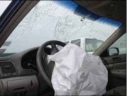 As the emergency responder makes contact with the driver, it is clear that there are two spider webs and that the driver&apos;s frontal airbag has deployed. Did you also note that the rearview mirror is missing? That is a valuable clue in patient assessment.