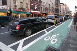 The addition of this wide bike path on Grand Street is making it difficult for fire trucks to turn corners in Little Italy. The addition of this wide bike path on Grand Street is making it difficult for fire trucks to turn corners in Little Italy.