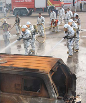 Most of the 20 Iraqi firefighters from the Ministry of Defense and Ministry of Interior's Civil Defense Force are already experienced fireman, so the focus of this course is to train them to be proficient trainers themselves.