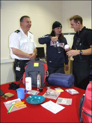 Wiltshire Fire and Rescue Group Manager Steve Williams (left) with Alabare client Ronnie and Police Constable Jim Adams.