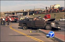 A Riverside County fire truck and a pickup truck collided Wednesday morning in Mira Loma, killing the woman driving the pickup. A Riverside County fire truck and a pickup truck collided Wednesday morning in Mira Loma, killing the woman driving the pickup.