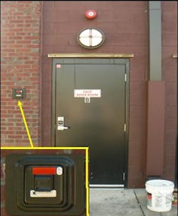 An exterior key vault has been installed beside a fire protection equipment room door to provide keys to firefighters for the facility. An exterior key vault has been installed beside a fire protection equipment room door to provide keys to firefighters for the facility.