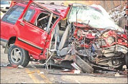 Authorities said the woman swerved across the yellow line and hit the truck head on. Authorities said the woman swerved across the yellow line and hit the truck head on.