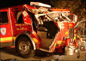 The engine out of the Rivera Beach station was headed to a medical emergency call as a first responder unit when the driver lost control following a left turn and struck a utility pole.
