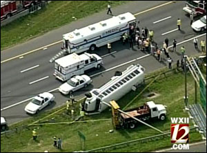 Around 20 students were injured when a Cabarrus County school bus rolled on Interstate 77 Wednesday morning.