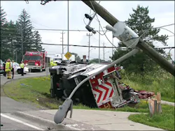 A fire truck rolled over after it tried to avoid slamming into traffic on route to a call on June 30. A fire truck rolled over after it tried to avoid slamming into traffic on route to a call on June 30.
