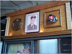 This shows our memorial to Firefighter Frankie Espositio , a member of Tower Ladder 79, who died at the WTC on Sept 11, 2001. At the time, Frankie was working at Engine 235 in Brooklyn on a rotation program but was originally assigned to Tower Ladder 79.Photos by Firefighter Scott Lyons