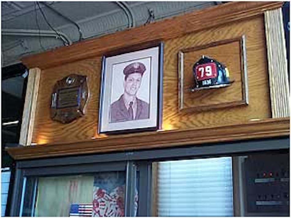 This shows our memorial to Firefighter Frankie Espositio , a member of Tower Ladder 79, who died at the WTC on Sept 11, 2001. At the time, Frankie was working at Engine 235 in Brooklyn on a rotation program but was originally assigned to Tower Ladder 79.Photos by Firefighter Scott Lyons