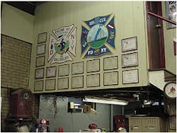 On the apparatus floor, company patches &amp; certificates are on display.Photos by Photographer D.B. Weimer