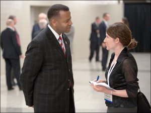 Firehouse.com News Managing Editor Heather Caspi speaks to new U.S. Fire Administrator Kelvin Cochran following his swearing in at FRI.
