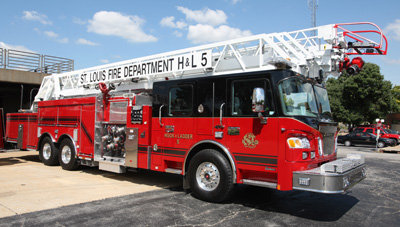 St. Louis Fire Chief Dennis Jenkerson looks over a new Smeal Hook and Ladder 5 truck just after delivery at Fire Department Headquarters in St. Louis on September 1, 2009.