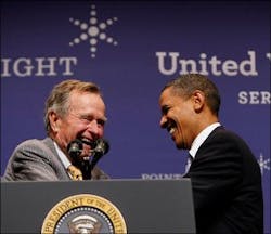President Barack Obama is introduced by former President George H.W. Bush at the start of the Points of Light Institute forum. President Barack Obama is introduced by former President George H.W. Bush at the start of the Points of Light Institute forum.