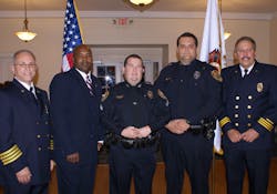 Corporal Joshua Hoffman and Patrolman Sean Young with the Ocala Police Department received recognition for their assistance at a residential structure fire.From left to right are:Fire Deputy Chief Bill Mallory, Police Deputy Chief Rodney Smith, Patrolman Young, Corporal Hoffman, Fire Operations Chief Jim Ganter Corporal Joshua Hoffman and Patrolman Sean Young with the Ocala Police Department received recognition for their assistance at a residential structure fire.From left to right are:Fire Deputy Chief Bill Mallory, Police Deputy Chief Rodney Smith, Patrolman Young, Corporal Hoffman, Fire Operations Chief Jim Ganter