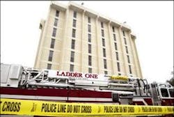 The Kilgore Fire Department's ladder truck where two firefighters fell to their deaths in January is shown at Kilgore College. The Kilgore Fire Department's ladder truck where two firefighters fell to their deaths in January is shown at Kilgore College.