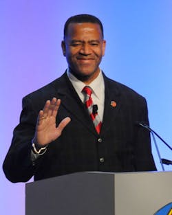 U.S. Fire Adminstrator Kelvin Cochran addresses the audience during his swearing-in ceremony at FRI, Aug. 27, 2009.