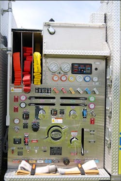 Engine 148 carries three low mounted single-stack crosslays with discharges that are under each hose bed to allow each line to be easily removed and used in conjunction with a 3-inch leader line. Engine 148 carries three low mounted single-stack crosslays with discharges that are under each hose bed to allow each line to be easily removed and used in conjunction with a 3-inch leader line.