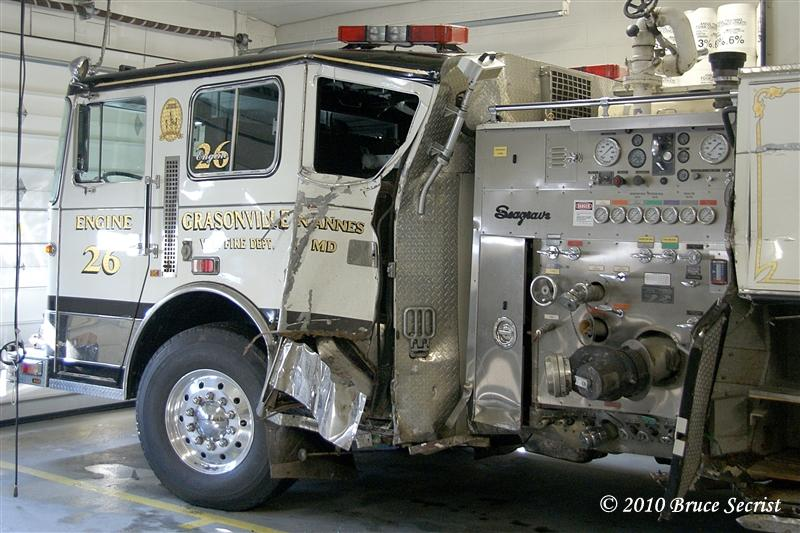 Four Grasonville firefighters were injured on the night of Jan. 11 when their stopped fire engine was struck by an oncoming tractor-trailer.