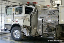 Four Grasonville firefighters were injured on the night of Jan. 11 when their stopped fire engine was struck by an oncoming tractor-trailer.