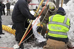 The chow-lab mix dog was hoisted out of the storm drain first. The dog was wet and cold. The chow-lab mix dog was hoisted out of the storm drain first. The dog was wet and cold.