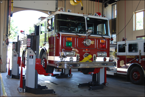 This pumper is ready to be looked over in the apparatus maintenance bay at the Elgin Fire Department.