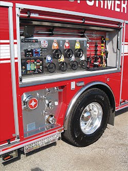 Crimson Fire changed pumping with its new Transformer pumper. The PTO pump is now located just in front of the driver&apos;s side rear wheel.