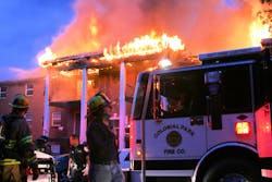 Colonial Park engine 33 on side A of the well involved 3 story garden apartment. Colonial Park engine 33 on side A of the well involved 3 story garden apartment.