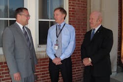 After his lecture, Dr. Don Stewart, center, talks with acting Superintendent of the National Fire Academy, Kirby Kiefer, left, and Glenn Gaines, acting U.S. Fire Administrator. After his lecture, Dr. Don Stewart, center, talks with acting Superintendent of the National Fire Academy, Kirby Kiefer, left, and Glenn Gaines, acting U.S. Fire Administrator.