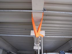 Figure 1: A single point anchor system utilizing one-inch tubular webbing around an I-beam. Figure 1: A single point anchor system utilizing one-inch tubular webbing around an I-beam.