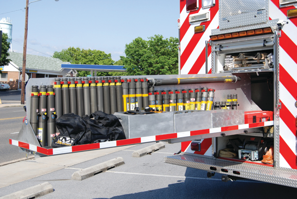 The Carlisle, PA, Fire Department rescue was designed with a center-body roll-up tray for struts and stabilization equipment.