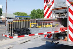The Carlisle, PA, Fire Department rescue was designed with a center-body roll-up tray for struts and stabilization equipment.