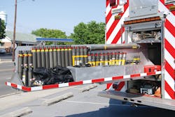 The Carlisle, PA, Fire Department rescue was designed with a center-body roll-up tray for struts and stabilization equipment. The Carlisle, PA, Fire Department rescue was designed with a center-body roll-up tray for struts and stabilization equipment.