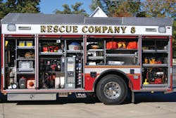 This rescue apparatus features storage of a stokes, a Supplied Air Cart System and rope bags with hardware.