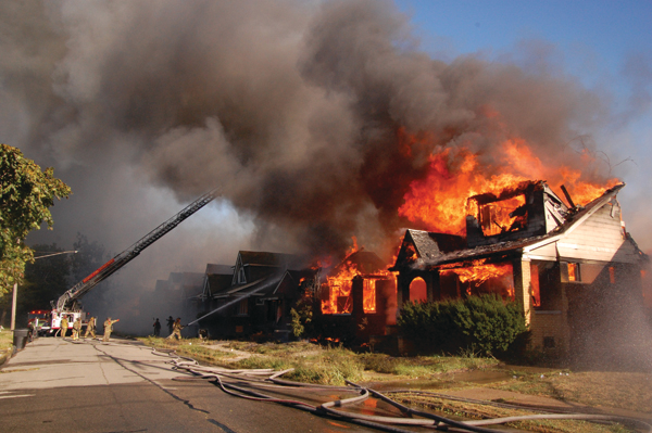 This recent wind-swept fire in Detroit, MI, extended to 18 vacant dwellings, two occupied dwellings and nine garages.