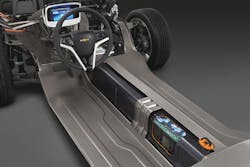 This artist&rsquo;s rendering of the high-voltage battery installed in a Chevrolet VOLT also shows the location of the orange manual service disconnect.