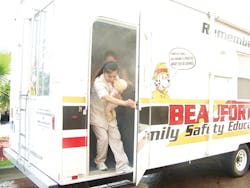A team of hotel services staff negotiates a simulated fire situation involving reduced visibility. A team of hotel services staff negotiates a simulated fire situation involving reduced visibility.