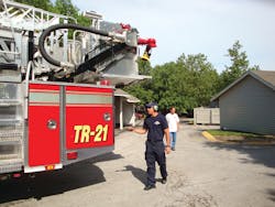 Photo 1. Johnson County, KS, Consolidated Fire District Truck 21 is equipped with wired headsets with a receptacle at the rear of the apparatus.