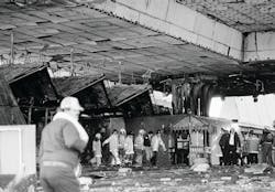 Firefighters remove the remains of one of the victims in the MGM Grand Hotel and Casino fire in Las Vegas, NV, on Nov. 21, 1980. Over 75 people died when a fire swept through the 26-story hotel and casino, causing hundreds of hotel guests to be trapped on the upper floors. Firefighters remove the remains of one of the victims in the MGM Grand Hotel and Casino fire in Las Vegas, NV, on Nov. 21, 1980. Over 75 people died when a fire swept through the 26-story hotel and casino, causing hundreds of hotel guests to be trapped on the upper floors.