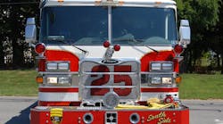 Engine 25’s front bumper is equipped with a 5-inch gated front intake and a 2.5-inch discharge supplying a gated wye with 150 feet of 1.75-inch attack line. Engine 25’s front bumper is equipped with a 5-inch gated front intake and a 2.5-inch discharge supplying a gated wye with 150 feet of 1.75-inch attack line.