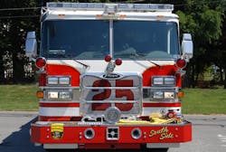 Engine 25&rsquo;s front bumper is equipped with a 5-inch gated front intake and a 2.5-inch discharge supplying a gated wye with 150 feet of 1.75-inch attack line.