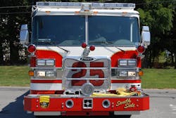 Engine 25’s front bumper is equipped with a 5-inch gated front intake and a 2.5-inch discharge supplying a gated wye with 150 feet of 1.75-inch attack line. Engine 25’s front bumper is equipped with a 5-inch gated front intake and a 2.5-inch discharge supplying a gated wye with 150 feet of 1.75-inch attack line.