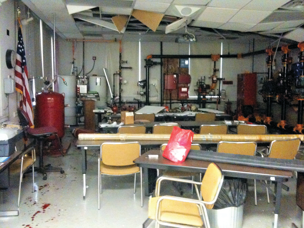 Damage to a classroom at the National Fire Academy is seen after an incident that injured James Munger on Nov. 17.