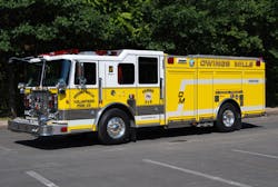 Engine 312, a 2009 Seagrave Marauder II pumper, is equipped with a Waterous 2250 gpm pump, with a 500-gallon water tank, appliances, tools and five preconnected lines.